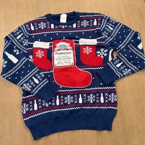 Budweiser‎ Men Sweater XL Blue Fair Isle Beer Can Christmas Stocking Pullover